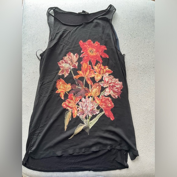 #36 🌺 5/$30 🌺 Mango sheer sleeveless black tunic / mini dress orange red flower - Picture 2 of 5